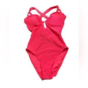 BECCA by REBECCA VIRTUE pink ribbed texture plunge front one piece swimsuit NWT